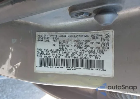 2001 Toyota Sequoia Limited V8 из США, поврежденный, VIN 5TDZT38A71S009337